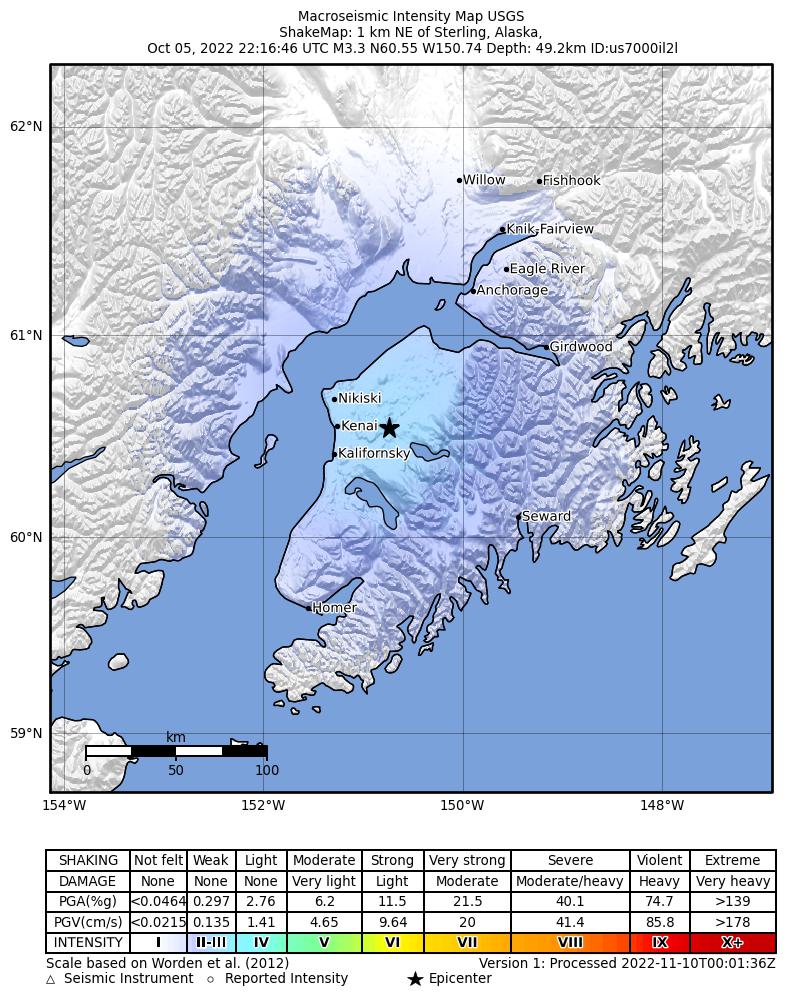 USGS ShakeMap intensity contours for the M2.4 earthquake near 2 km ENE of Sterling, Alaska