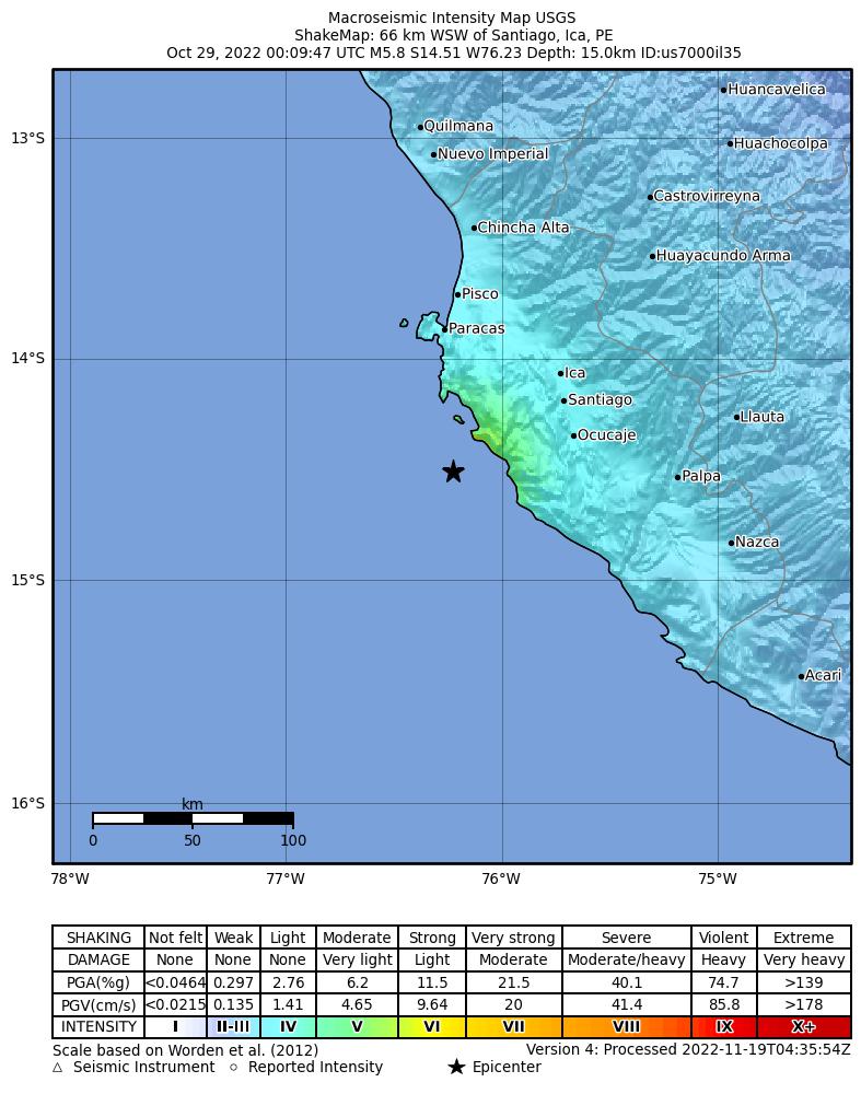 USGS ShakeMap intensity contours for the M5.8 earthquake near 66 km WSW of Santiago, Peru