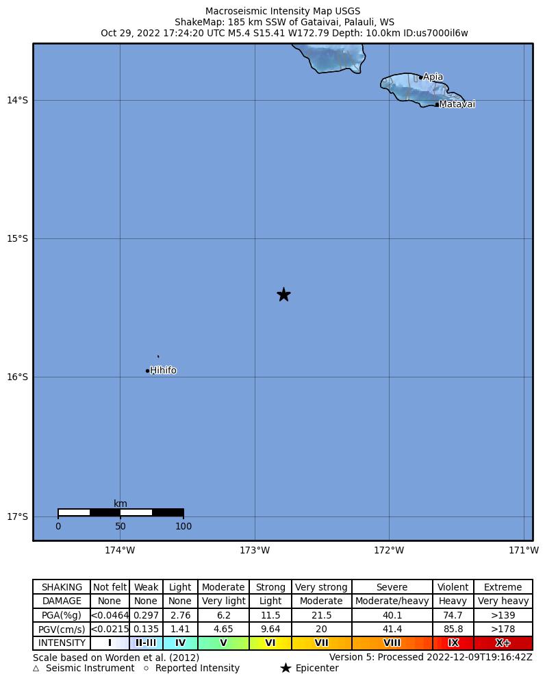 USGS ShakeMap intensity contours for the M5.4 earthquake near Samoa Islands region
