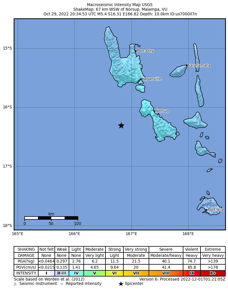 USGS ShakeMap intensity contours for the M5.4 earthquake near 67 km WSW of Norsup, Vanuatu
