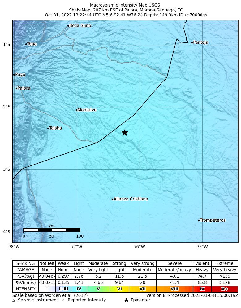 USGS ShakeMap intensity contours for the M5.6 earthquake near 119 km N of Alianza Cristiana, Peru