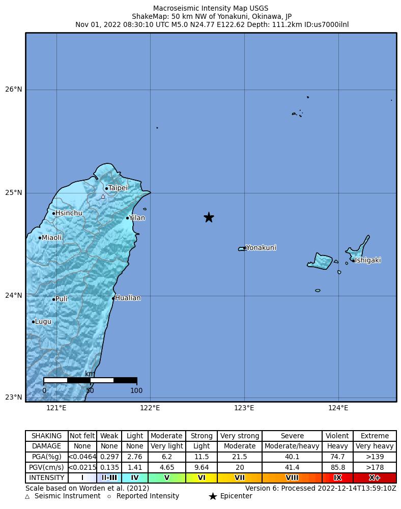 USGS ShakeMap intensity contours for the M5.0 earthquake near 50 km NW of Yonakuni, Japan
