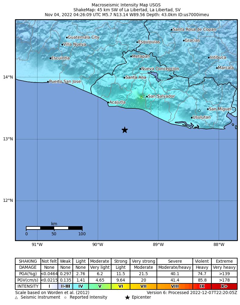 USGS ShakeMap intensity contours for the M5.7 earthquake near El Salvador