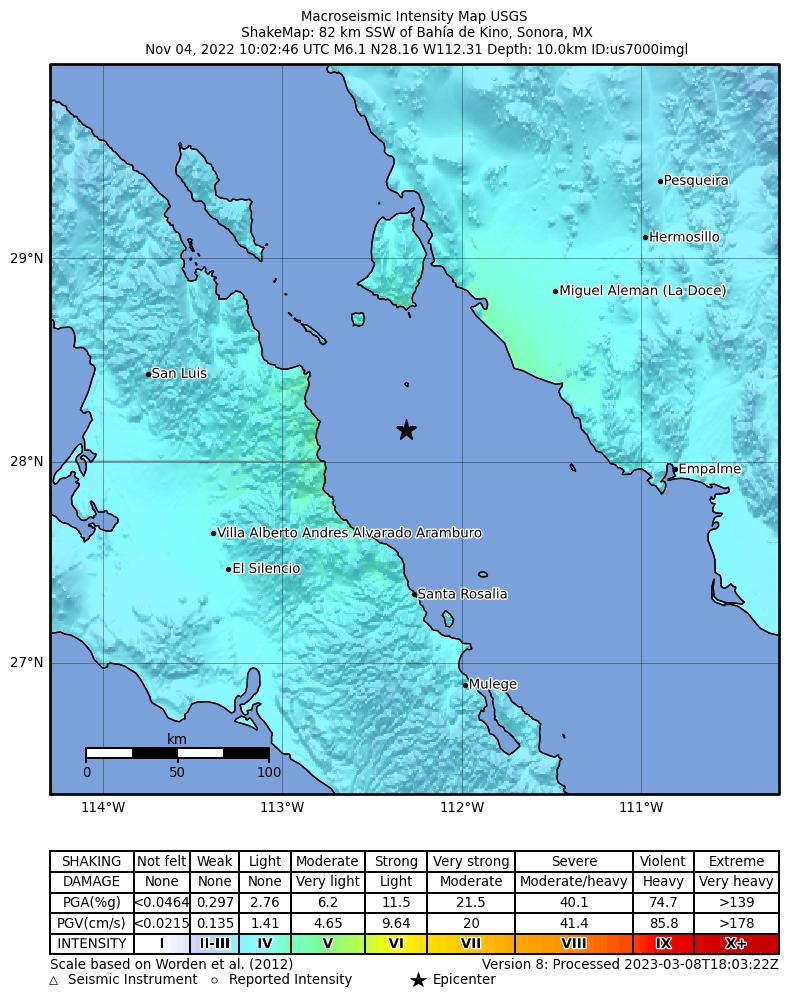USGS ShakeMap intensity contours for the M6.1 earthquake near 82 km SSW of Bahía de Kino, Mexico