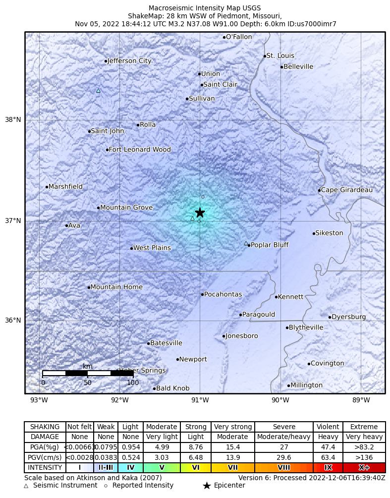 USGS ShakeMap intensity contours for the M3.2 earthquake near 10 km N of Van Buren, Missouri