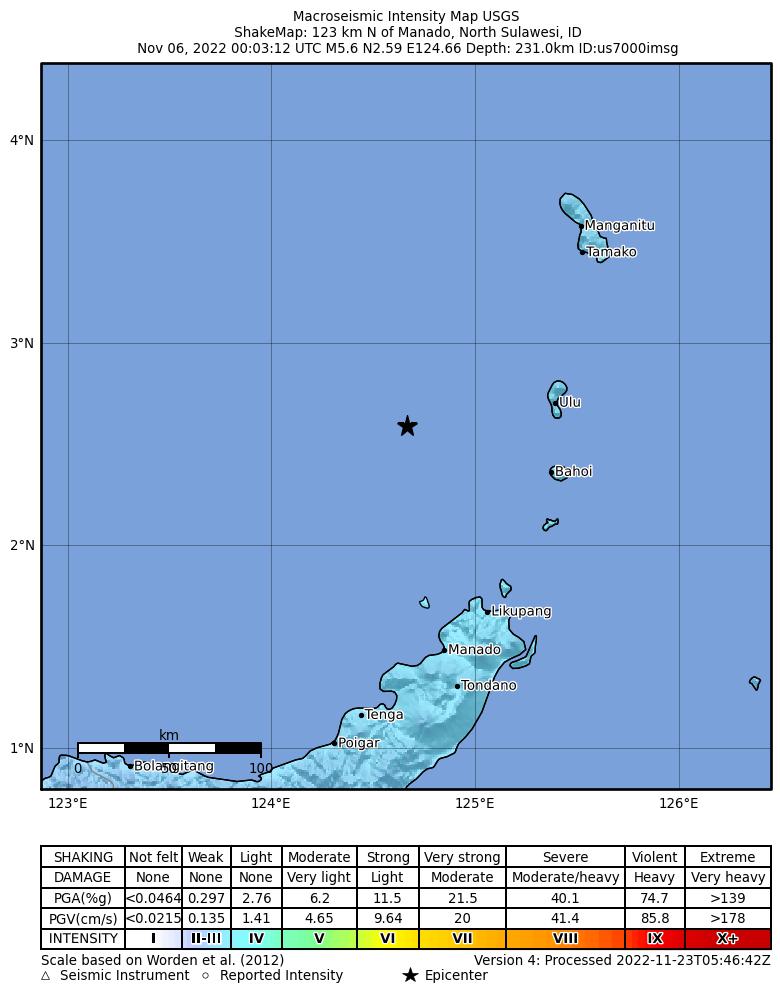 USGS ShakeMap intensity contours for the M5.6 earthquake near 124 km N of Manado, Indonesia