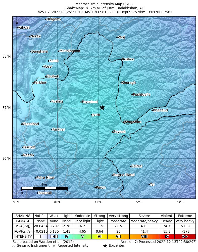 USGS ShakeMap intensity contours for the M5.1 earthquake near Afghanistan-Tajikistan border region