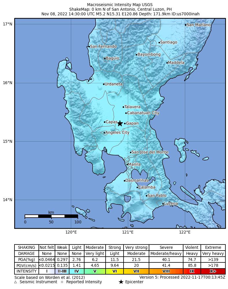USGS ShakeMap intensity contours for the M5.2 earthquake near 0 km N of San Antonio, Philippines