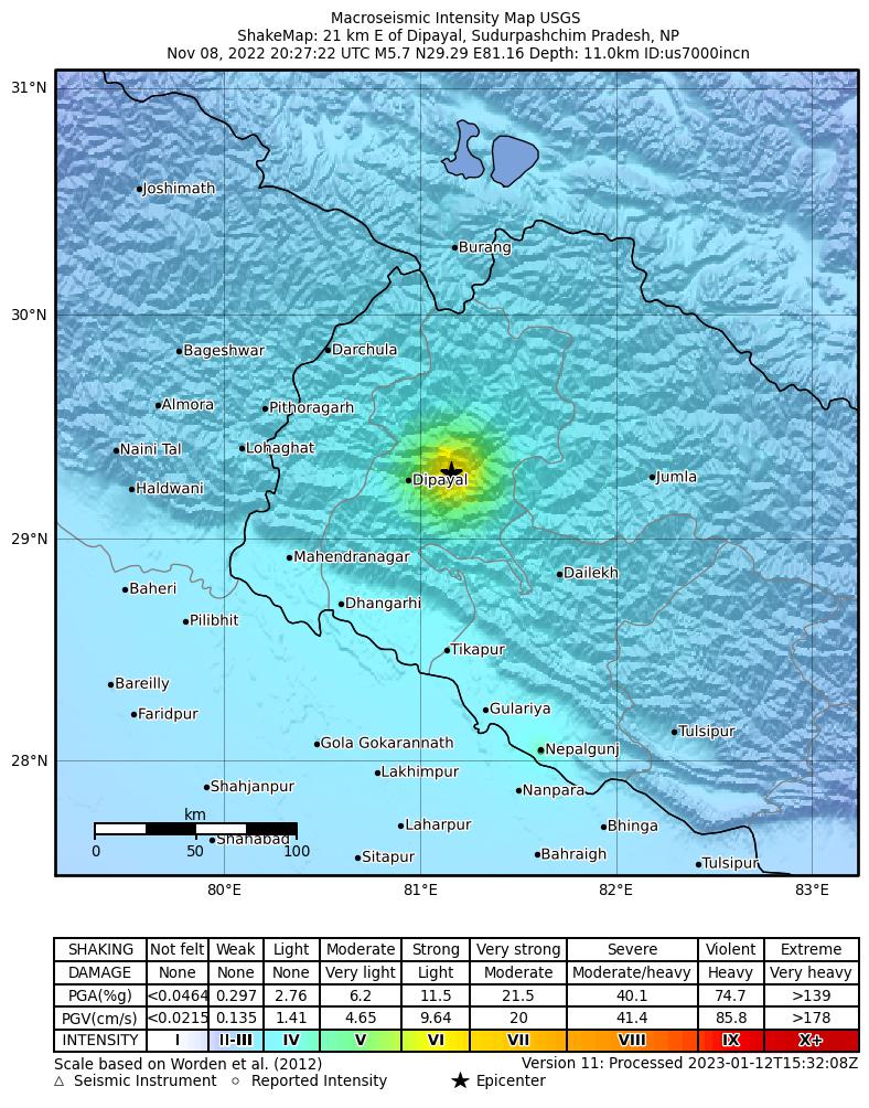 USGS ShakeMap intensity contours for the M5.7 earthquake near Nepal
