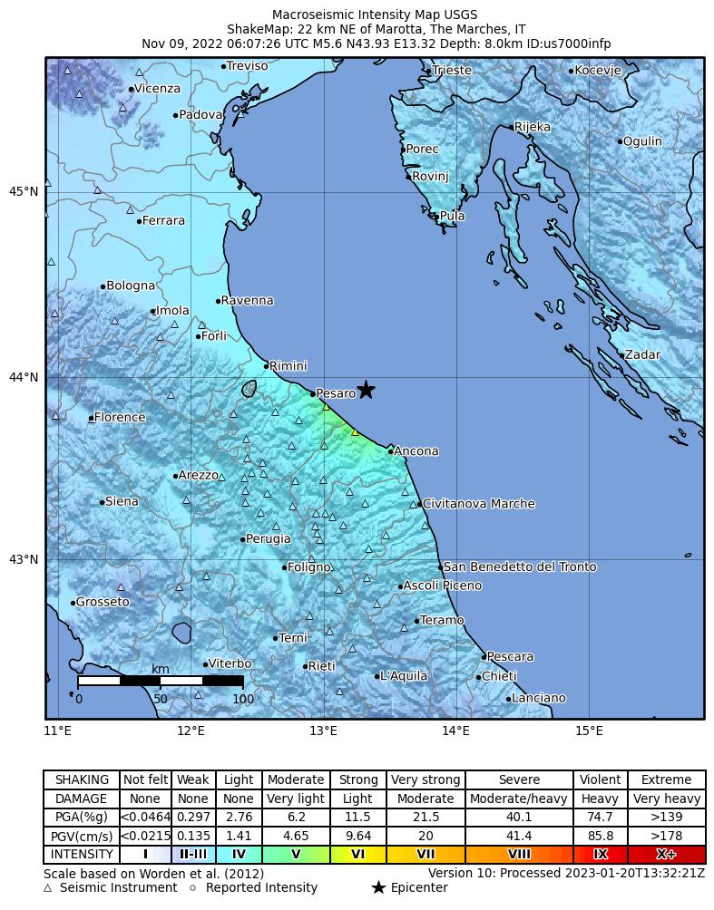 USGS ShakeMap intensity contours for the M5.6 earthquake near central Italy