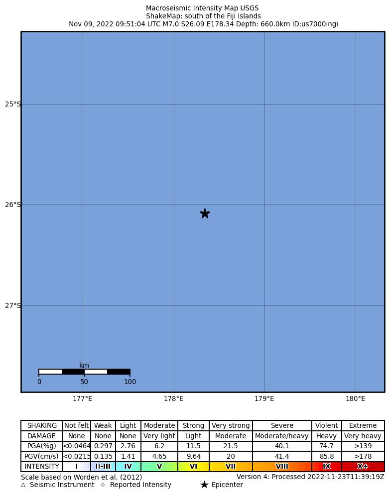 USGS ShakeMap intensity contours for the M7.0 earthquake near south of the Fiji Islands