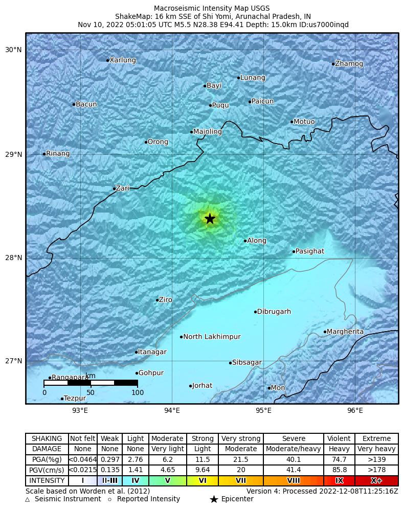 USGS ShakeMap intensity contours for the M5.5 earthquake near 16 km SSE of Shi Yomi, India