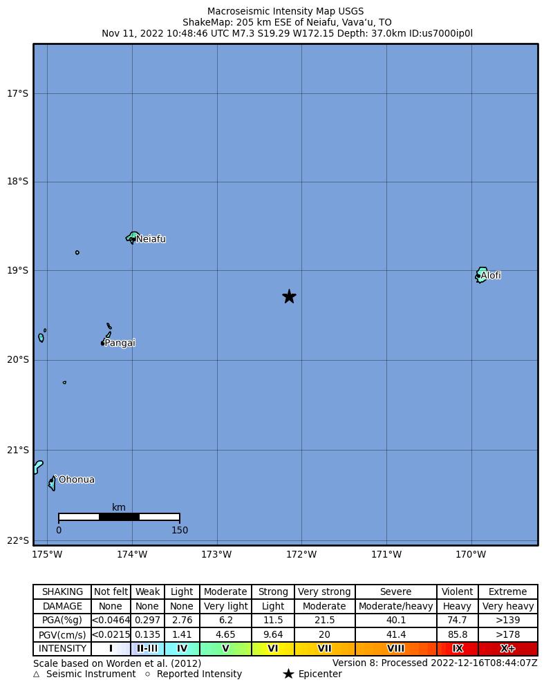USGS ShakeMap intensity contours for the M7.3 earthquake near 205 km ESE of Neiafu, Tonga