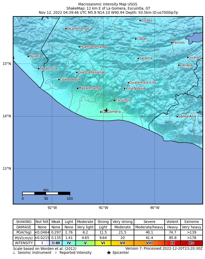 USGS ShakeMap intensity contours for the M5.8 earthquake near 12 km E of La Gomera, Guatemala