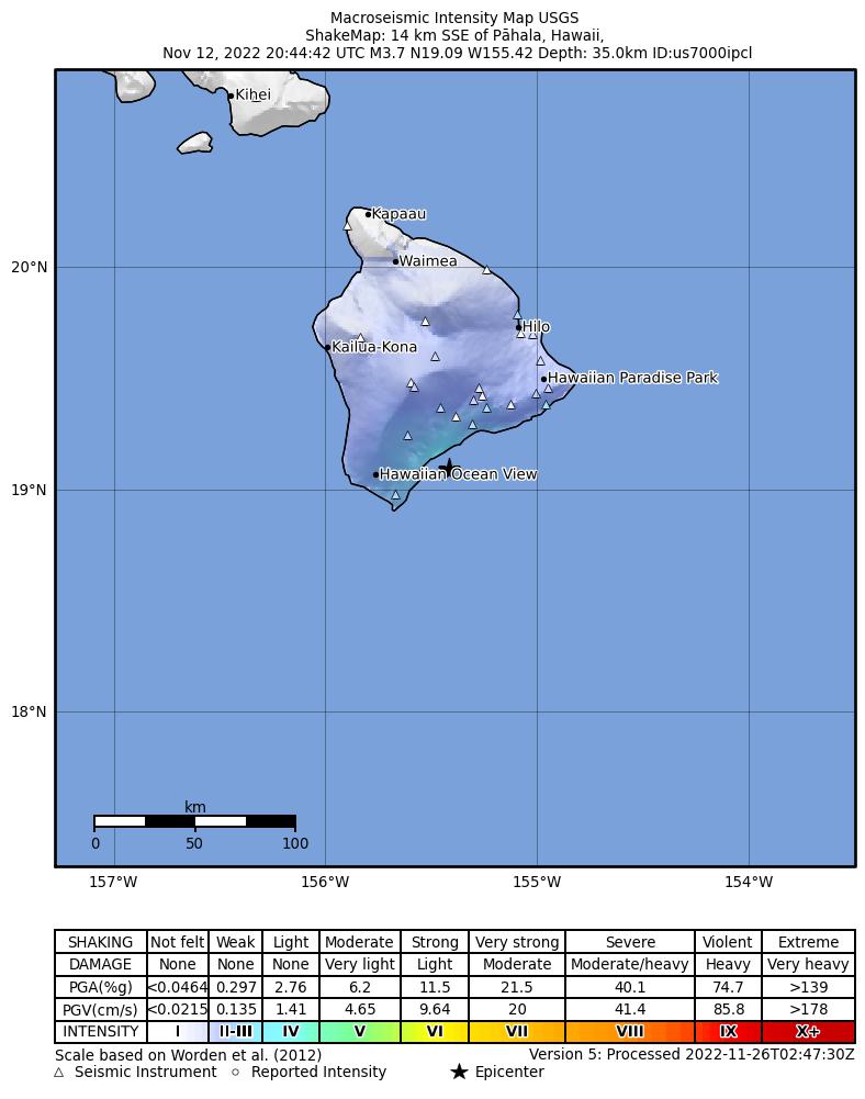USGS ShakeMap intensity contours for the M3.7 earthquake near 18 km ESE of Naalehu, Hawaii