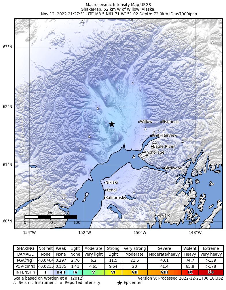 USGS ShakeMap intensity contours for the M3.3 earthquake near 28 km NW of Susitna, Alaska