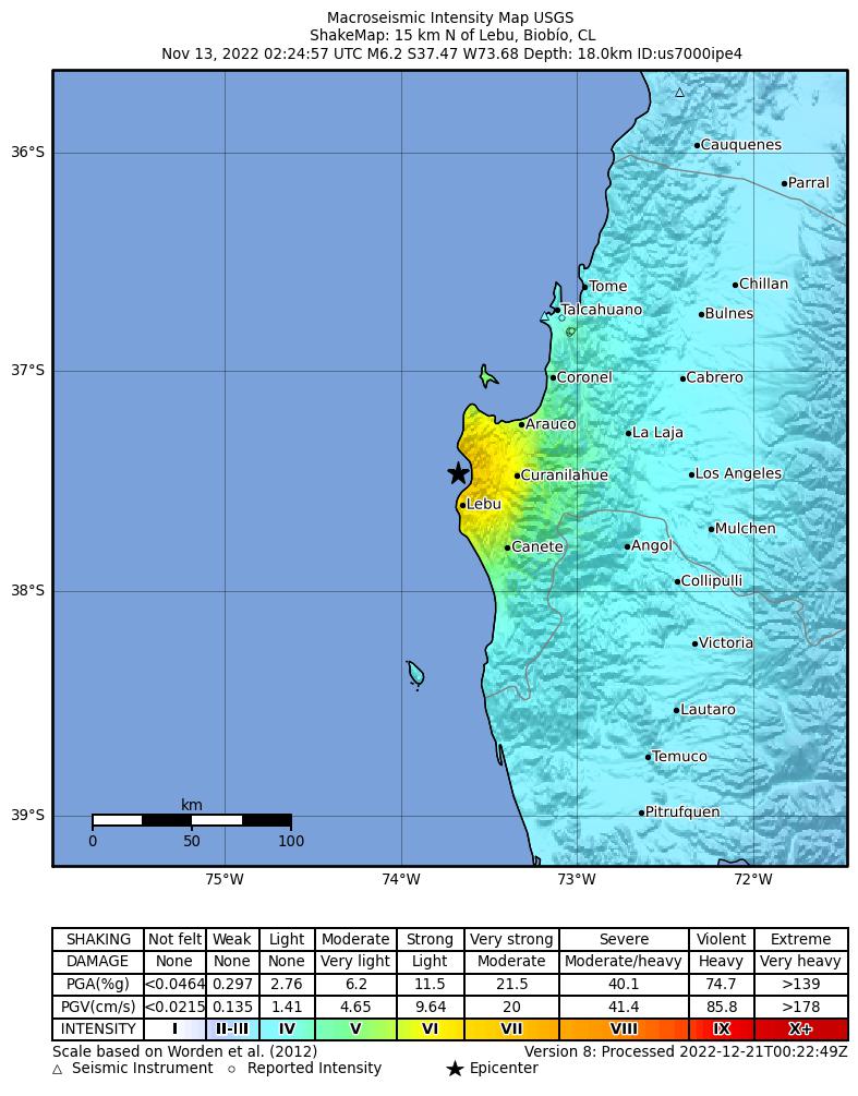 USGS ShakeMap intensity contours for the M6.2 earthquake near Near the coast of Bio-Bio, Chile