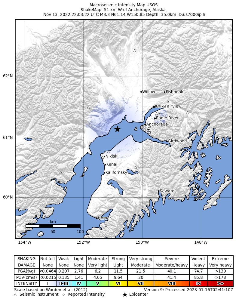 USGS ShakeMap intensity contours for the M3.1 earthquake near 13 km E of Beluga, Alaska