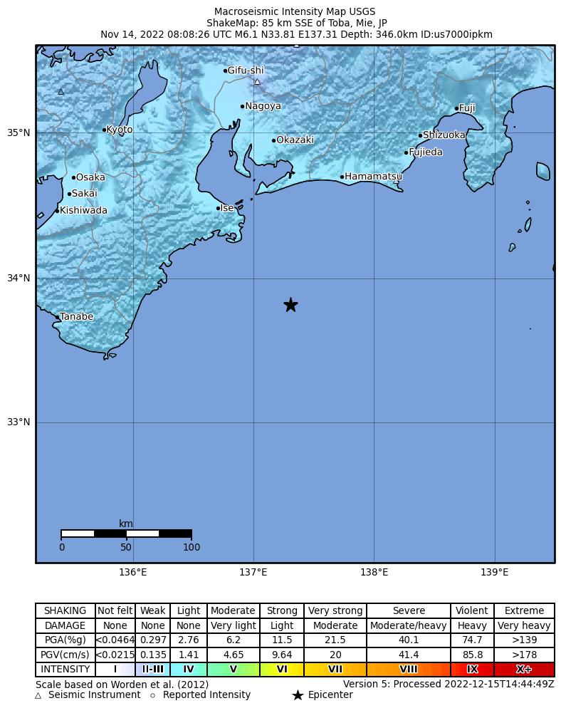 USGS ShakeMap intensity contours for the M6.1 earthquake near 85 km SSE of Toba, Japan