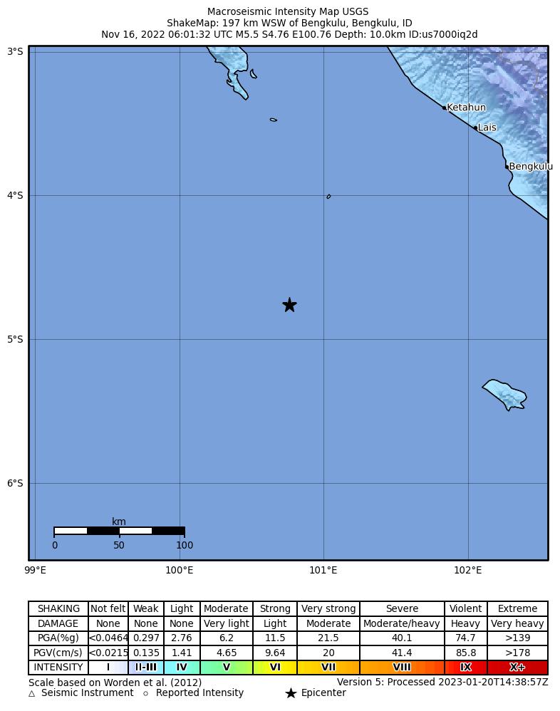 USGS ShakeMap intensity contours for the M5.5 earthquake near 197 km WSW of Bengkulu, Indonesia