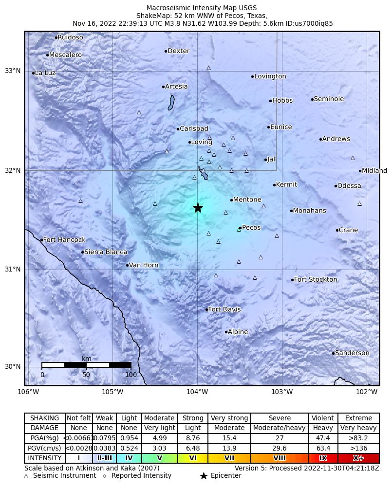USGS ShakeMap intensity contours for the M4.0 earthquake near 39 km WSW of Mentone, Texas
