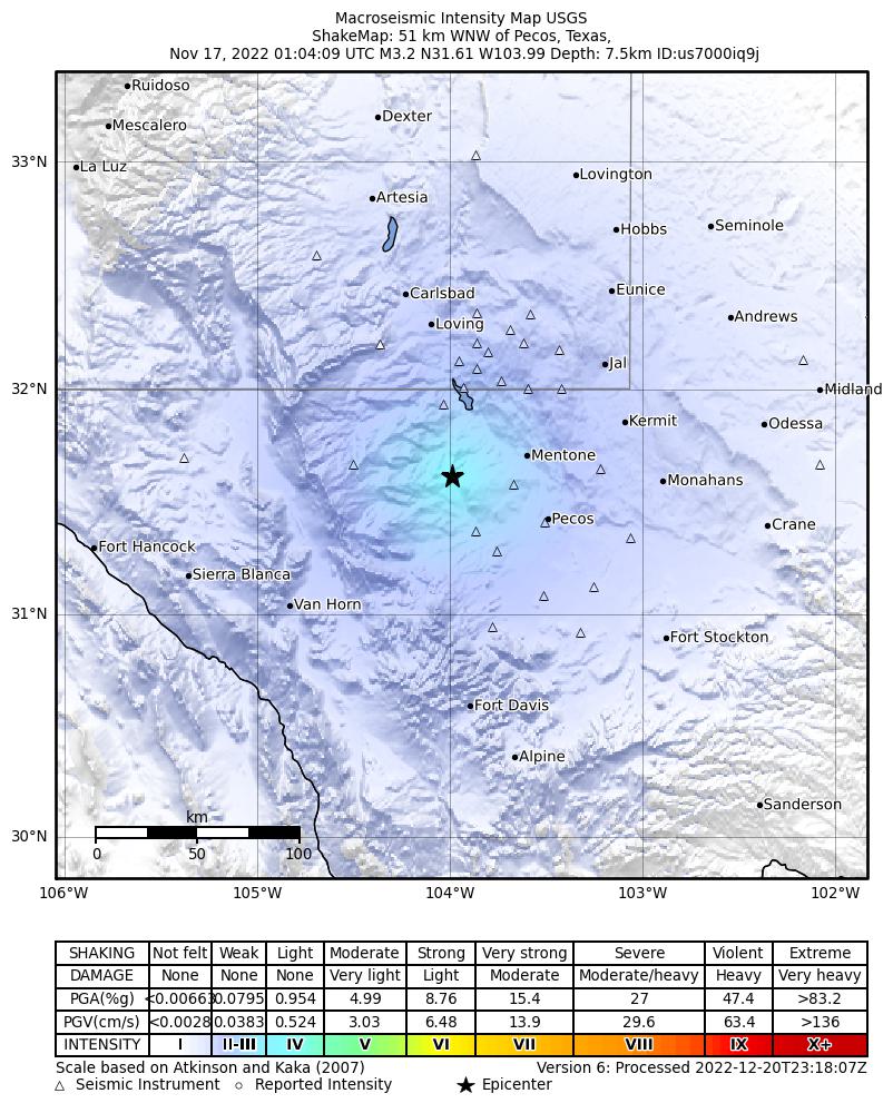 USGS ShakeMap: estimated shaking intensity around the epicenter