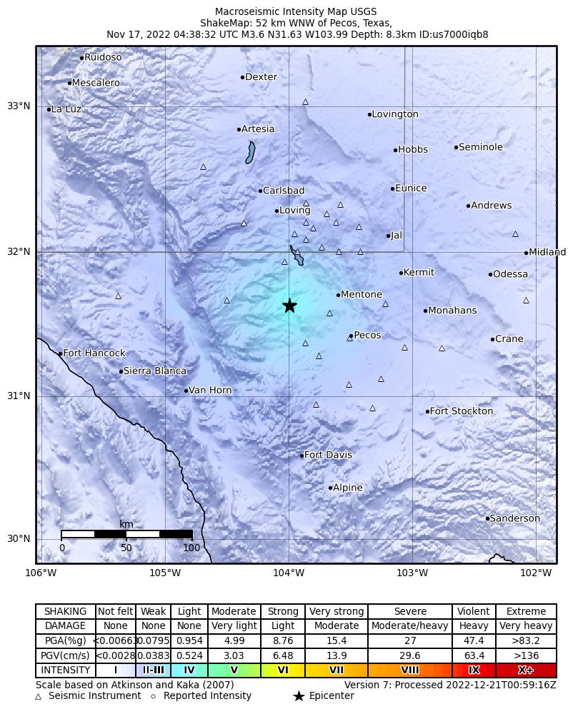 USGS ShakeMap: estimated shaking intensity around the epicenter