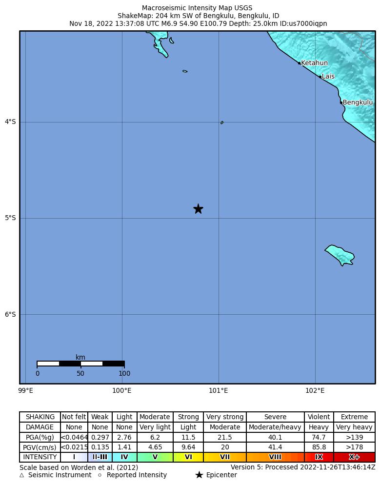 USGS ShakeMap intensity contours for the M6.9 earthquake near 204 km SW of Bengkulu, Indonesia