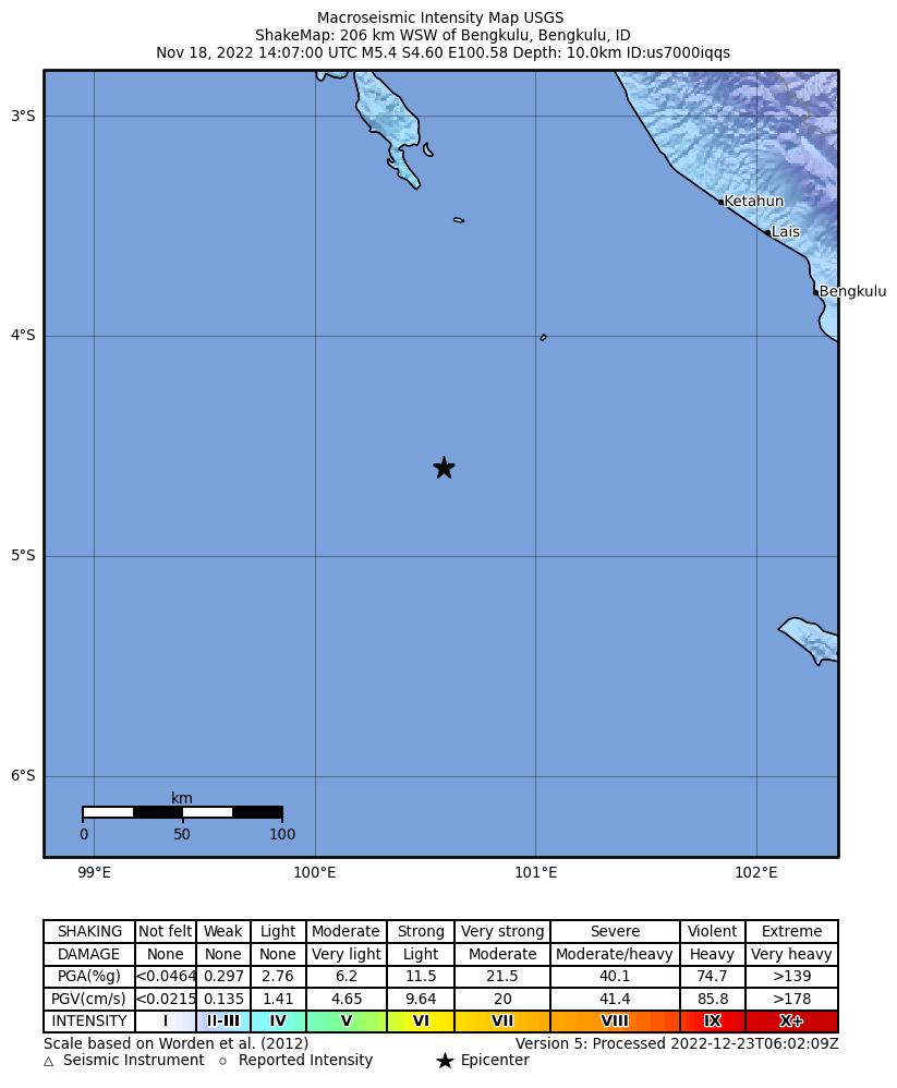 USGS ShakeMap intensity contours for the M5.4 earthquake near 206 km WSW of Bengkulu, Indonesia