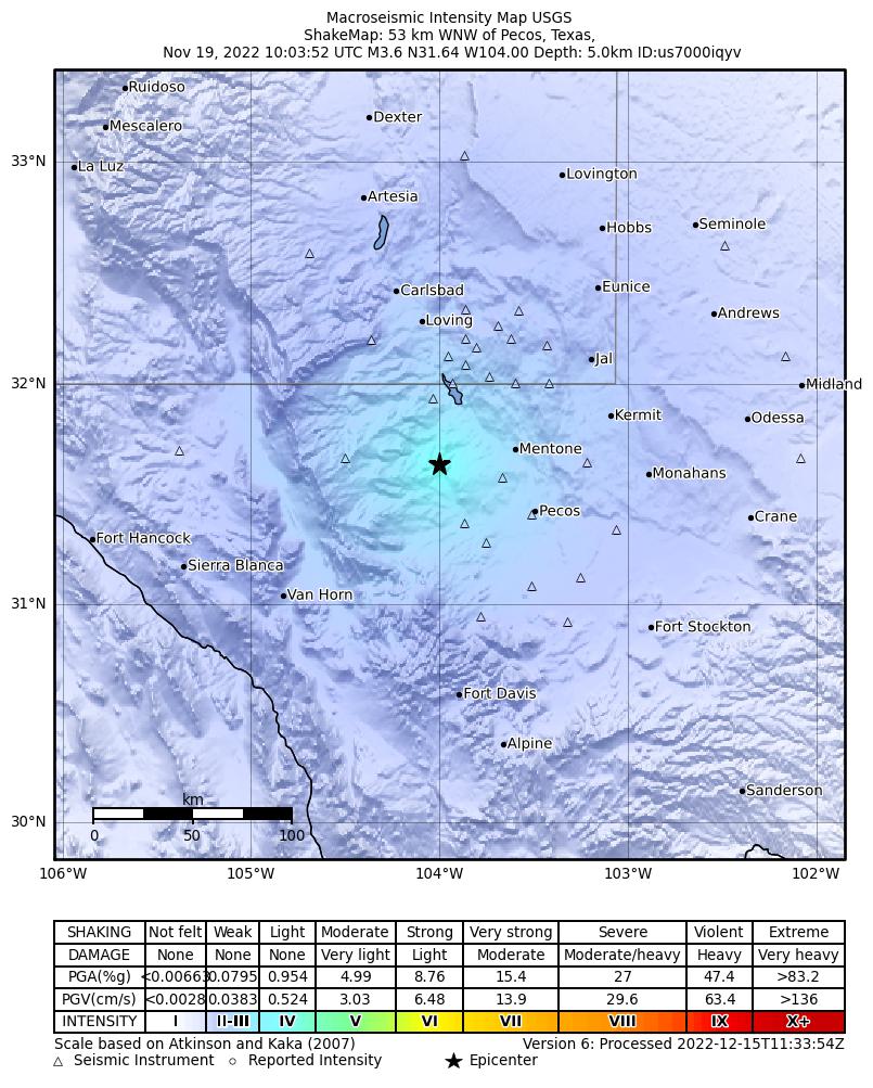 USGS ShakeMap: estimated shaking intensity around the epicenter