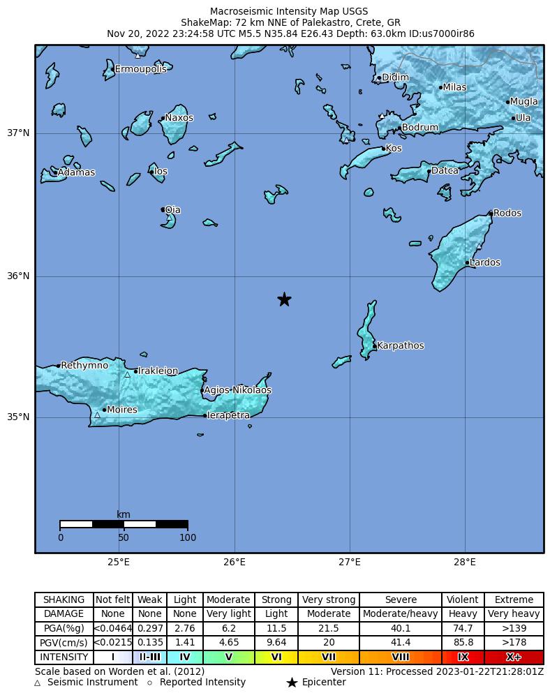 USGS ShakeMap intensity contours for the M5.5 earthquake near Crete, Greece