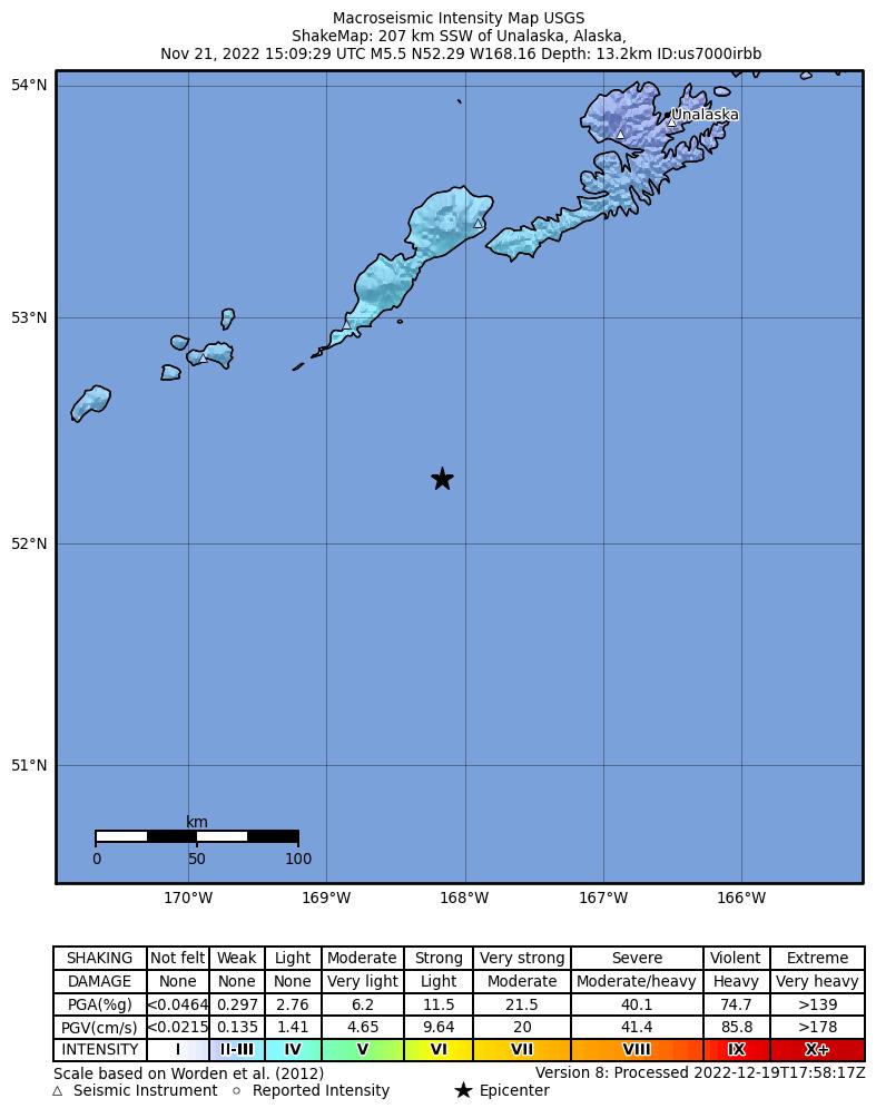USGS ShakeMap intensity contours for the M5.5 earthquake near 86 km SSE of Nikolski, Alaska