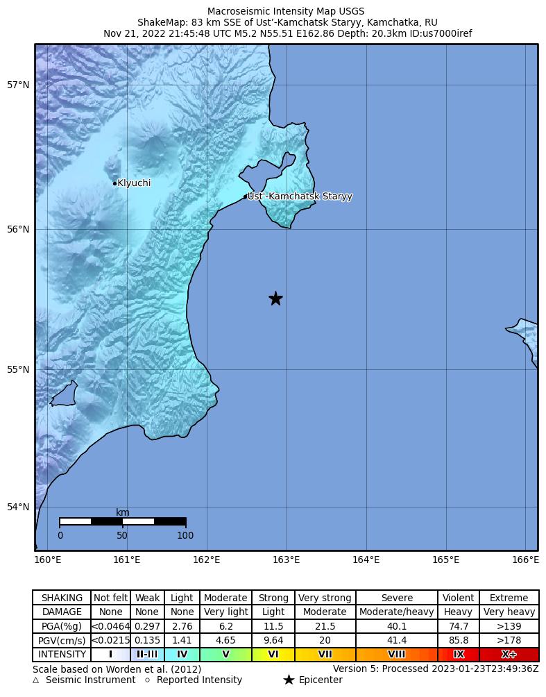 USGS ShakeMap intensity contours for the M5.2 earthquake near 83 km SSE of Ust’-Kamchatsk Staryy, Russia