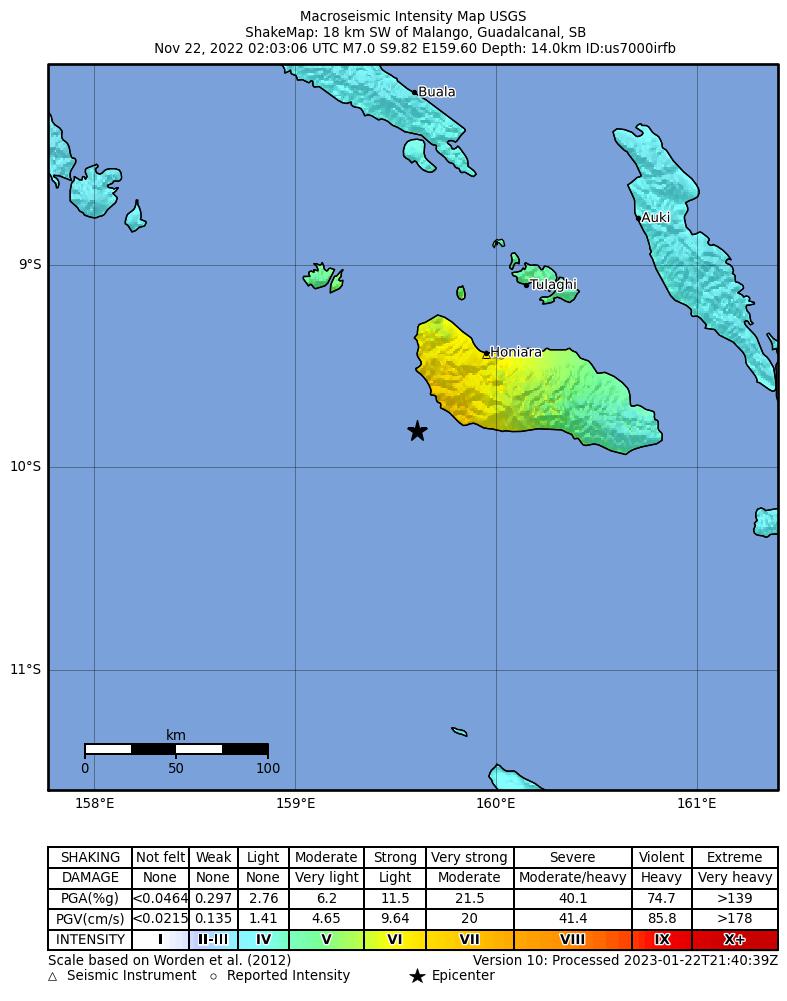 USGS ShakeMap intensity contours for the M7.0 earthquake near 18 km SW of Malango, Solomon Islands
