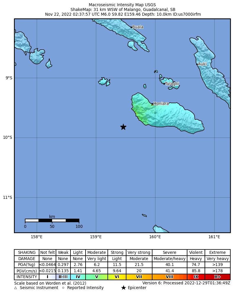 USGS ShakeMap intensity contours for the M6.0 earthquake near Solomon Islands