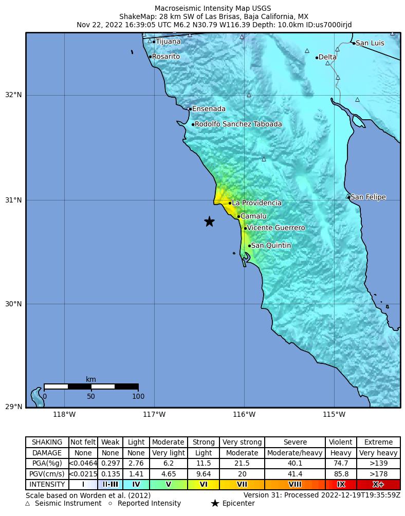 USGS ShakeMap intensity contours for the M6.2 earthquake near 28 km SW of Las Brisas, Mexico