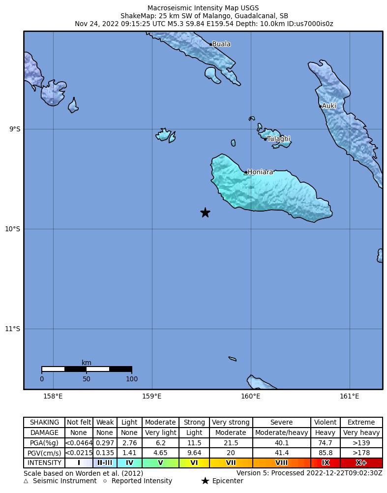 USGS ShakeMap intensity contours for the M5.3 earthquake near 25 km SW of Malango, Solomon Islands