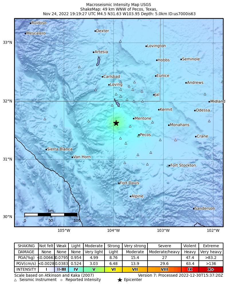 USGS ShakeMap: estimated shaking intensity around the epicenter