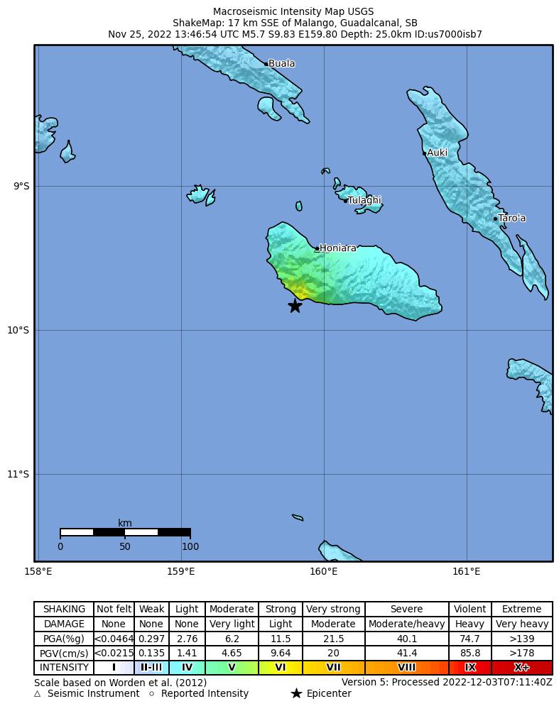 USGS ShakeMap intensity contours for the M5.7 earthquake near Solomon Islands