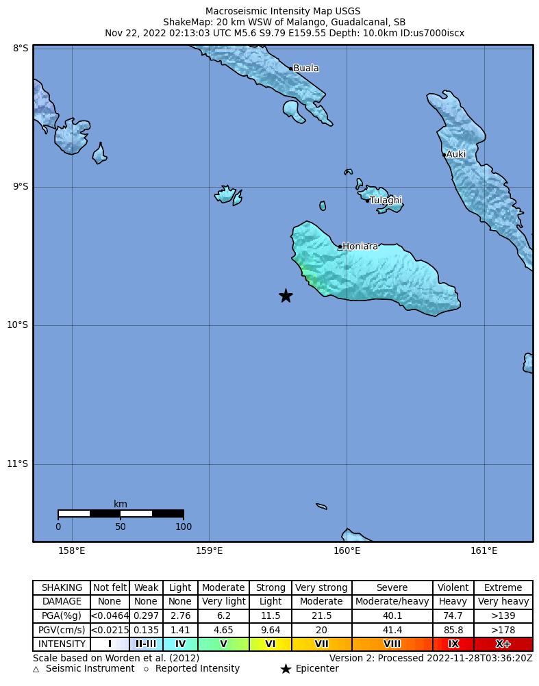 USGS ShakeMap intensity contours for the M5.6 earthquake near 20 km WSW of Malango, Solomon Islands