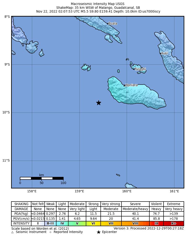 USGS ShakeMap intensity contours for the M5.5 earthquake near 35 km WSW of Malango, Solomon Islands