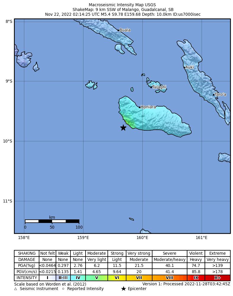 USGS ShakeMap intensity contours for the M5.4 earthquake near Solomon Islands