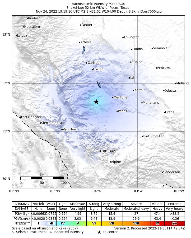 USGS ShakeMap: estimated shaking intensity around the epicenter