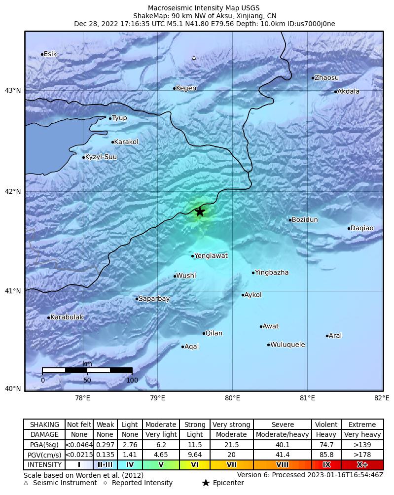 USGS ShakeMap intensity contours for the M5.1 earthquake near Kyrgyzstan-Xinjiang border region