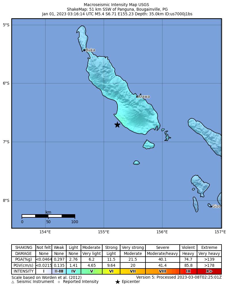 USGS ShakeMap intensity contours for the M5.4 earthquake near 51 km SSW of Panguna, Papua New Guinea