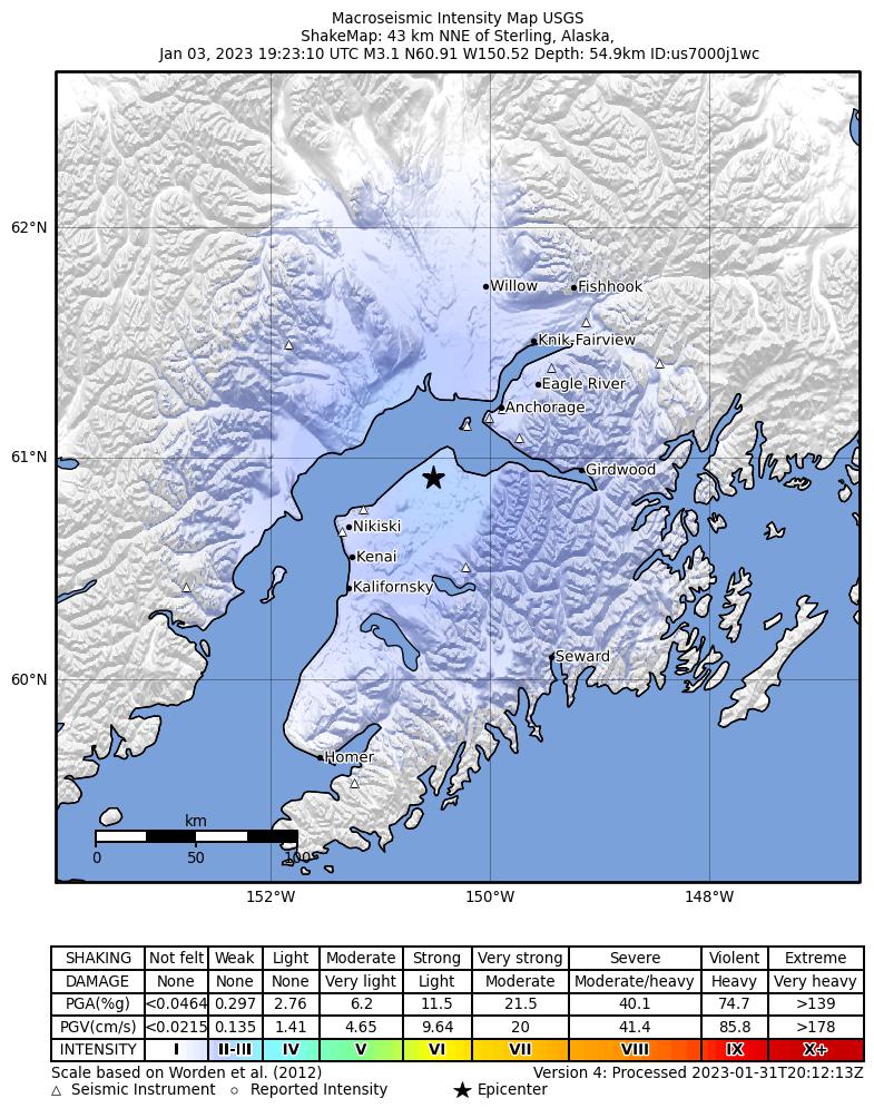 USGS ShakeMap: estimated shaking intensity around the epicenter