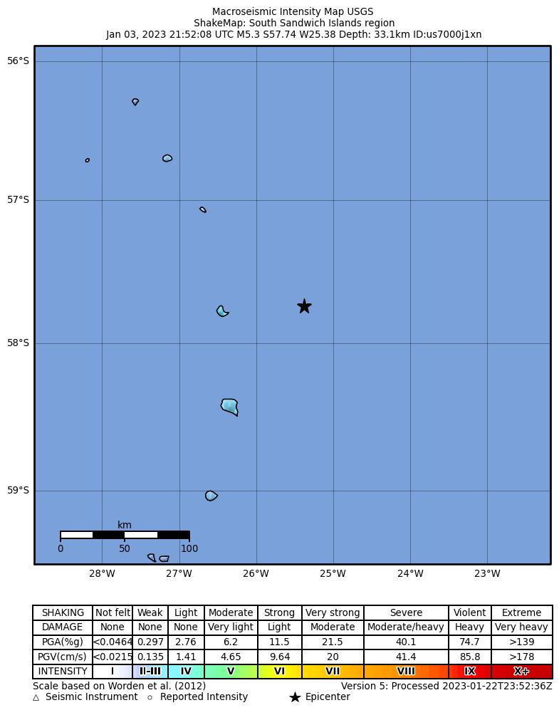 USGS ShakeMap intensity contours for the M5.3 earthquake near South Sandwich Islands region