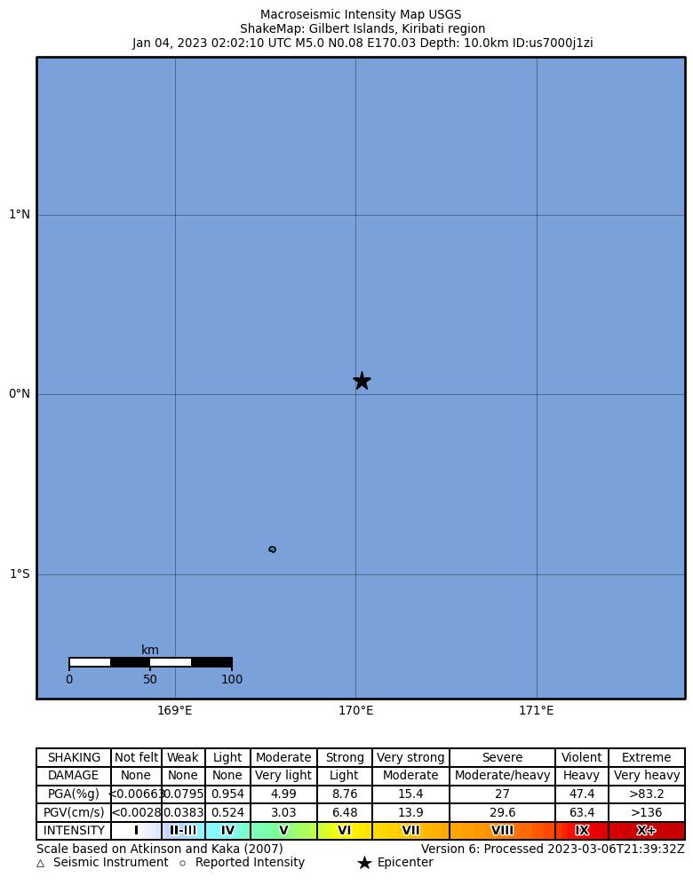 USGS ShakeMap intensity contours for the M5.0 earthquake near Gilbert Islands, Kiribati region