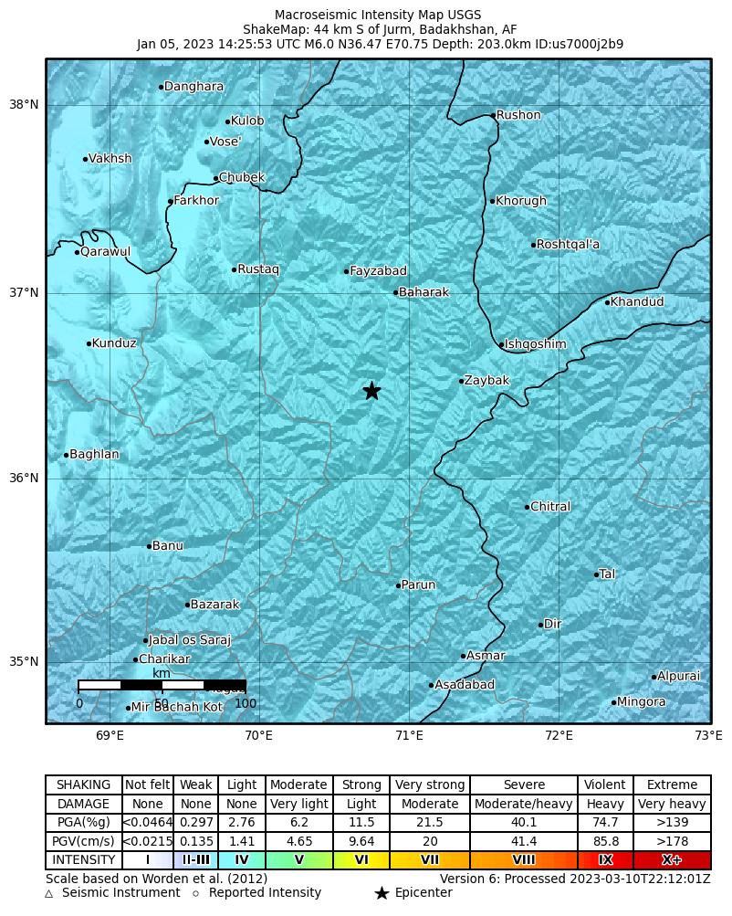 USGS ShakeMap intensity contours for the M6.0 earthquake near 44 km S of Jurm, Afghanistan