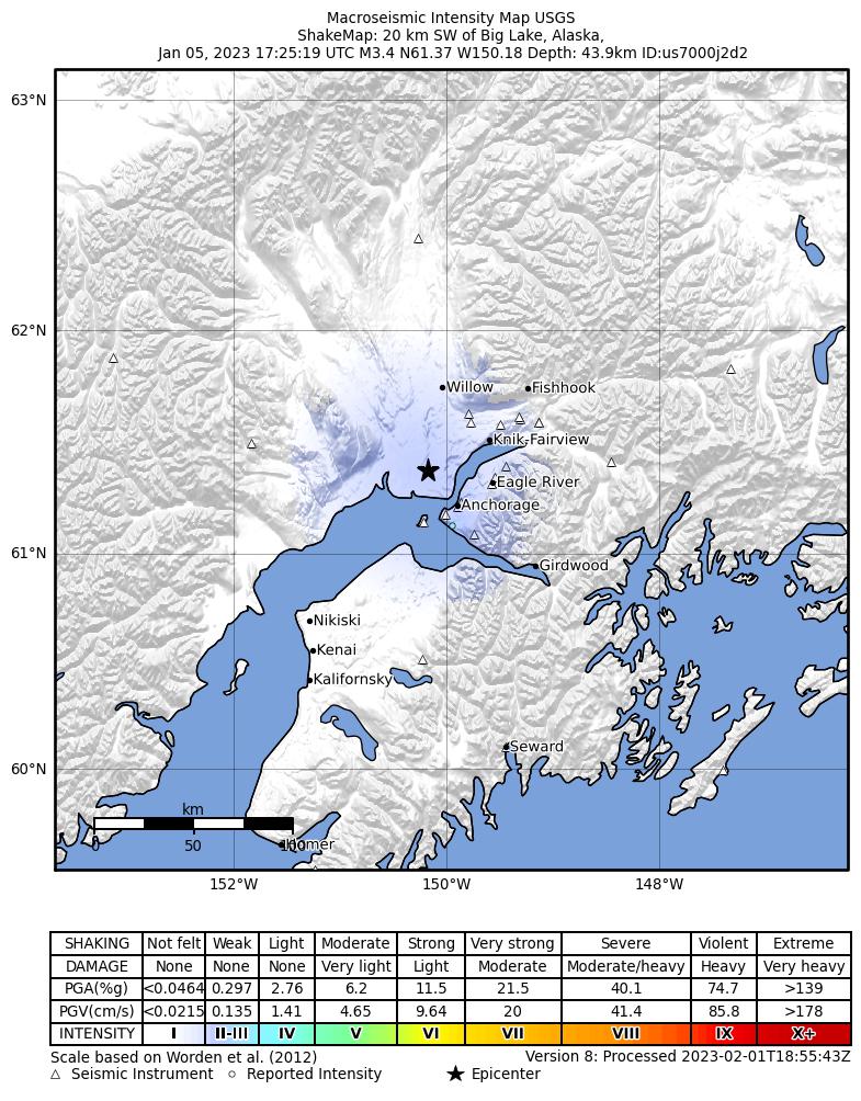USGS ShakeMap intensity contours for the M3.2 earthquake near 10 km W of Point MacKenzie, Alaska
